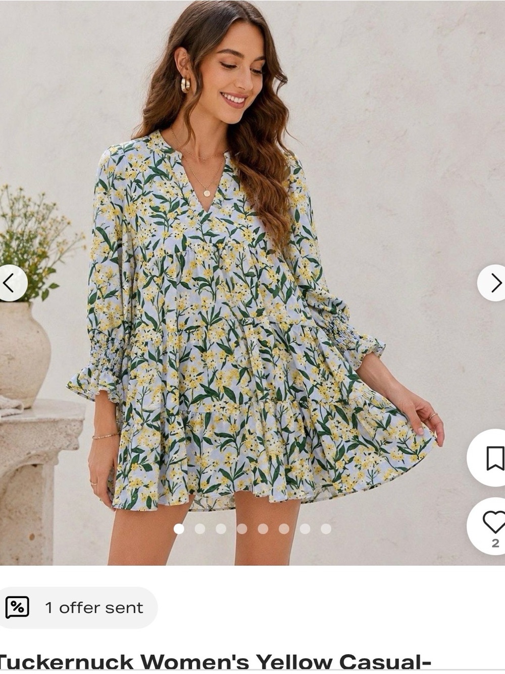 Tuckernuck Yellow Floral V-Neck Tiered Mini Dress size large
